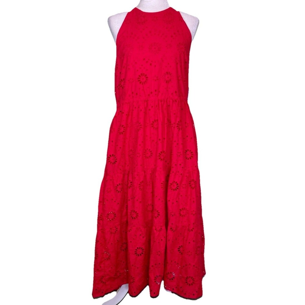Women’s Red Eyelet Halter Maxi Sundress Tiered Open Back Picnic Feminine Lg‎ NEW